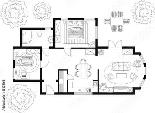 Black and White floor plan of a house.
