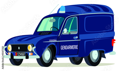 Caricatura Renault 4 furgoneta azul gendarmeria vista frontal y lateral