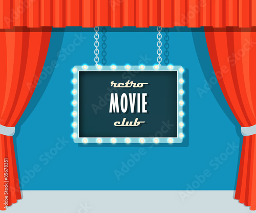 Vintage Stage with Red Curtains and Marquee Sign Retro Movie Club 