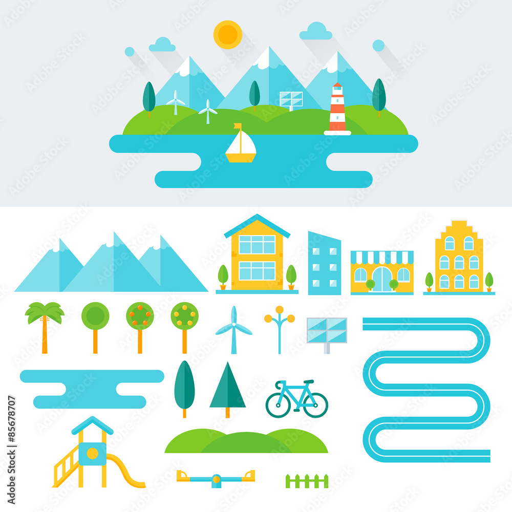 Mountain Landscape Illustration and Set of Elements. Eco-friendly Lifestyle and Sustainable Living Concept. Flat Design 