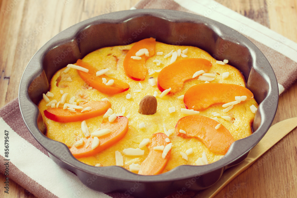 cake with almond and fruits in dish cake with almond and fruits in dish
