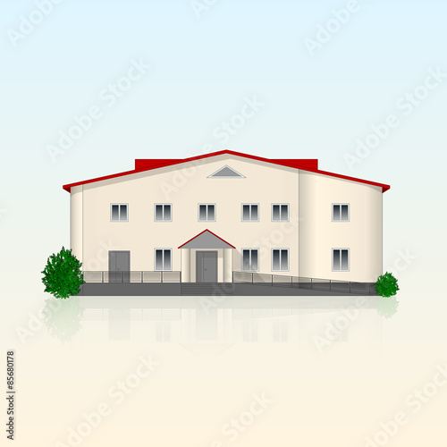 Separately standing office building with reflection and bushes
