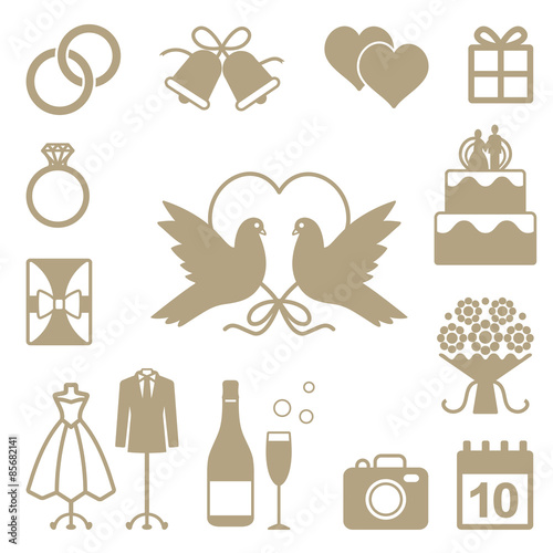 Wedding related vector silhouette icons set