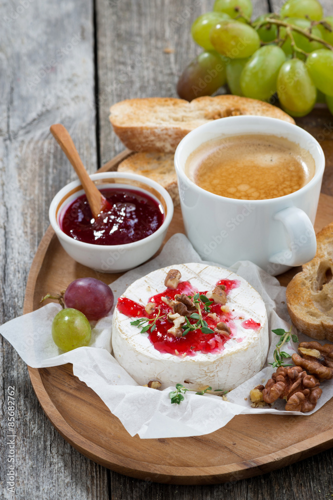 gourmet breakfast- camembert with berry jam, toast, coffee gourmet breakfast- camembert with berry jam, toast, coffee