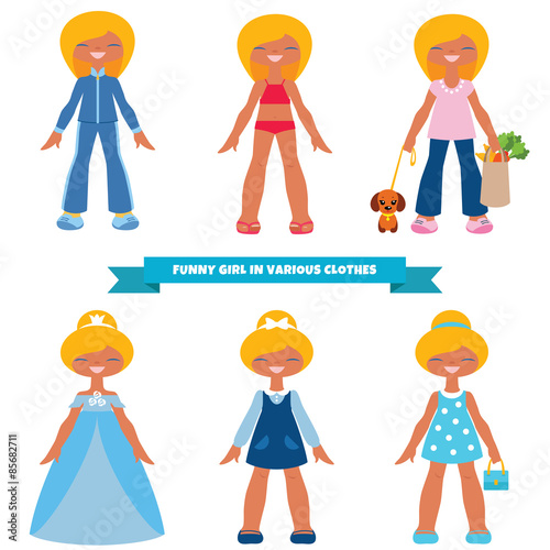 Blond cute cartoon girl in various clothes isolated on white