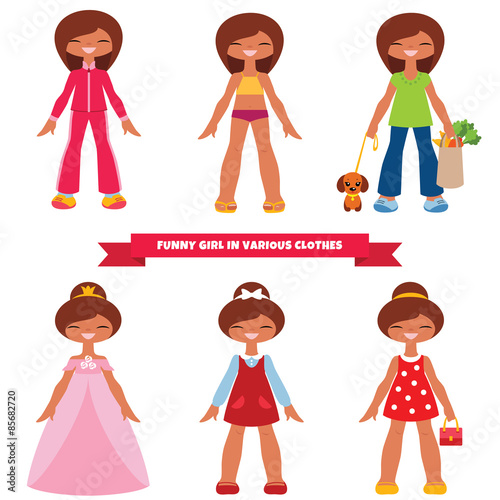 Brown-haired cute cartoon girl in various clothes isolated on white