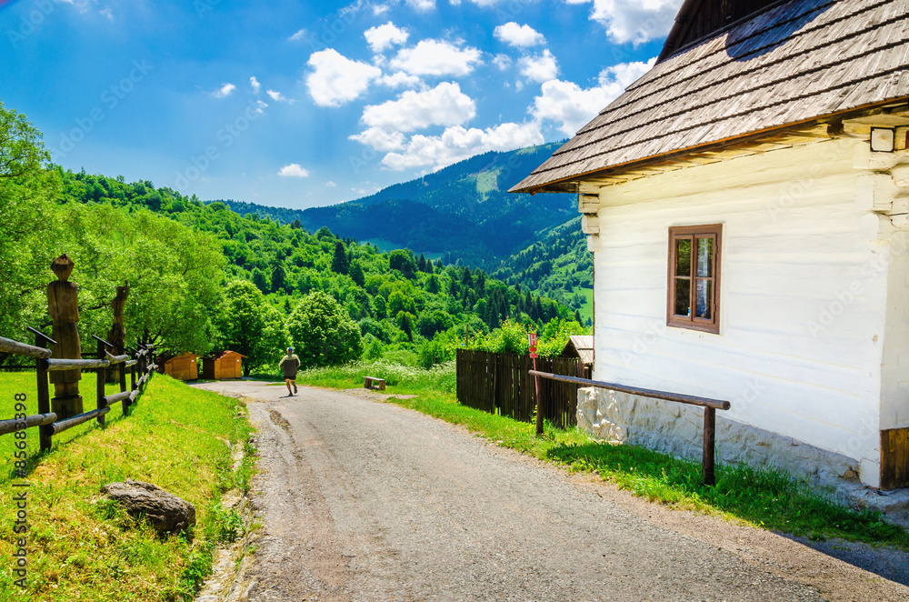 Wooden white hut in village, Eastern Europe Wooden white hut in village, Eastern Europe
