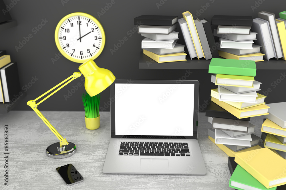 3D illustration laptop and books, Workspace
