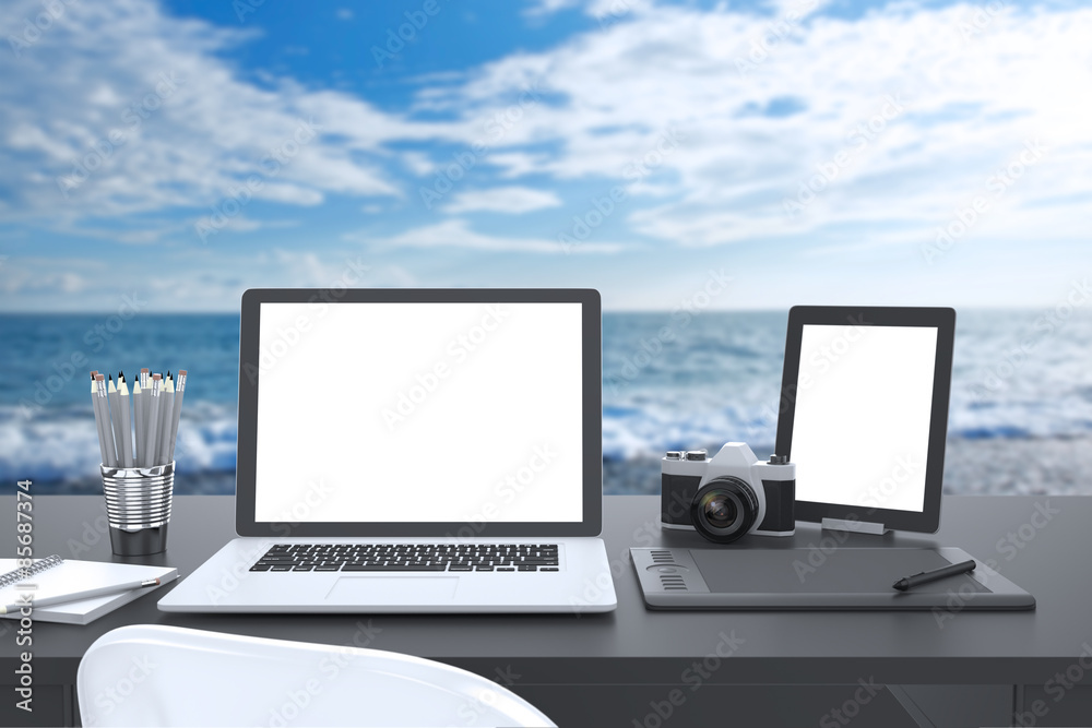3D illustration laptop on table, Workspace 3D illustration laptop on table, Workspace