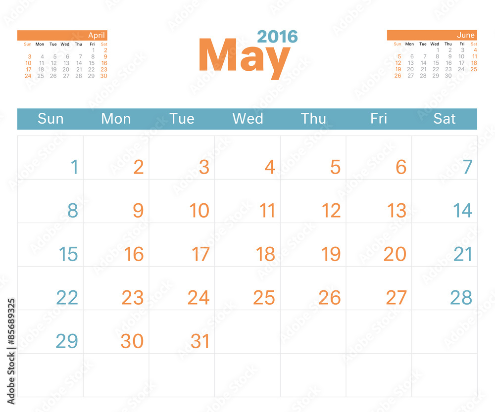 Month Calendar May 2016 Stock Vector | Adobe Stock
