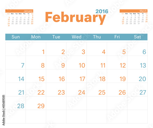 Month Calendar Feb 2016