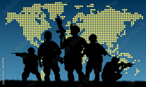 Silhouette of military team with weapons at sunset. shot, holdin