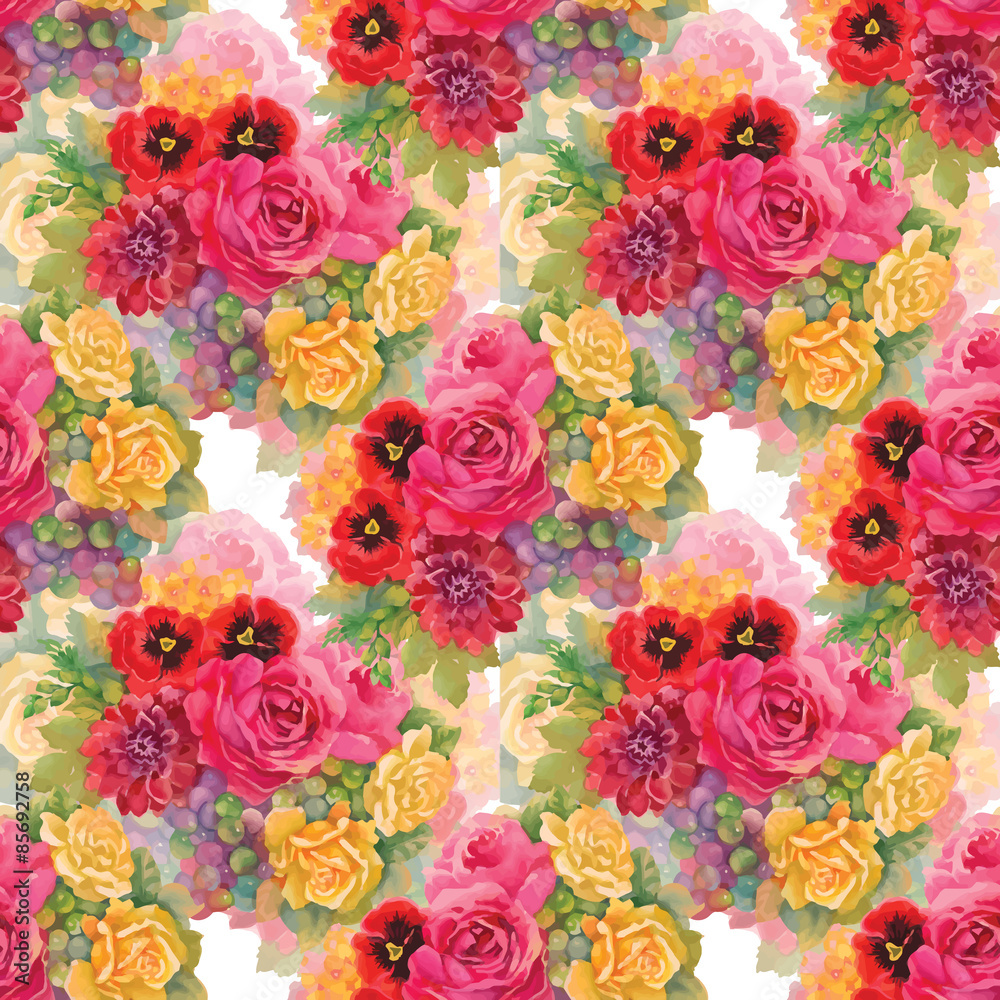 Fototapeta premium Seamless floral pattern with of red and orange roses on white background. Vector illustration.