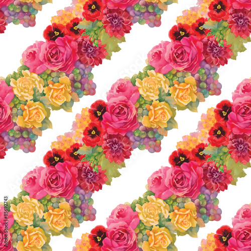 Seamless floral pattern with of red and orange roses on white background. Vector illustration.