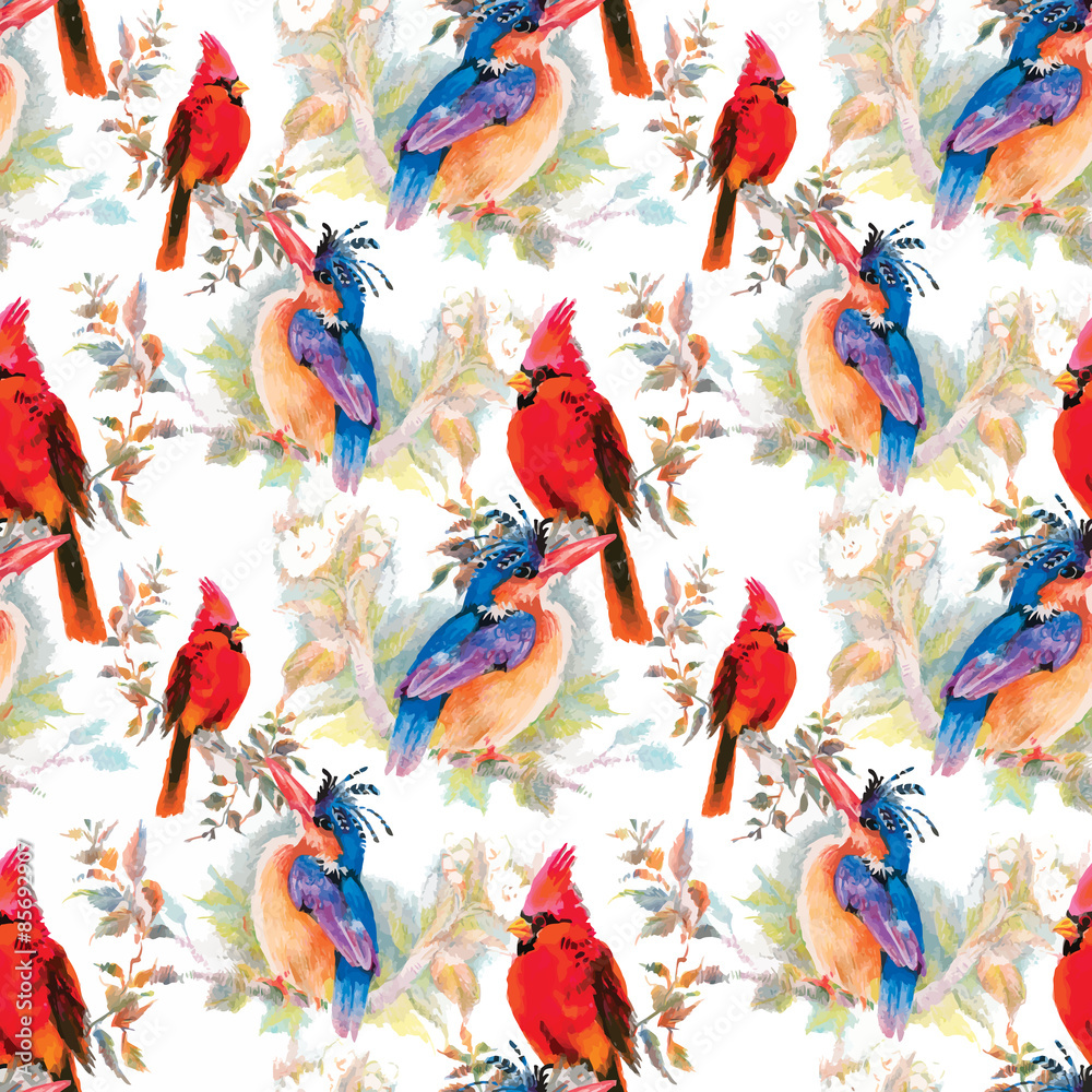 Watercolor hand drawn seamless pattern with tropical summer flowers and birds