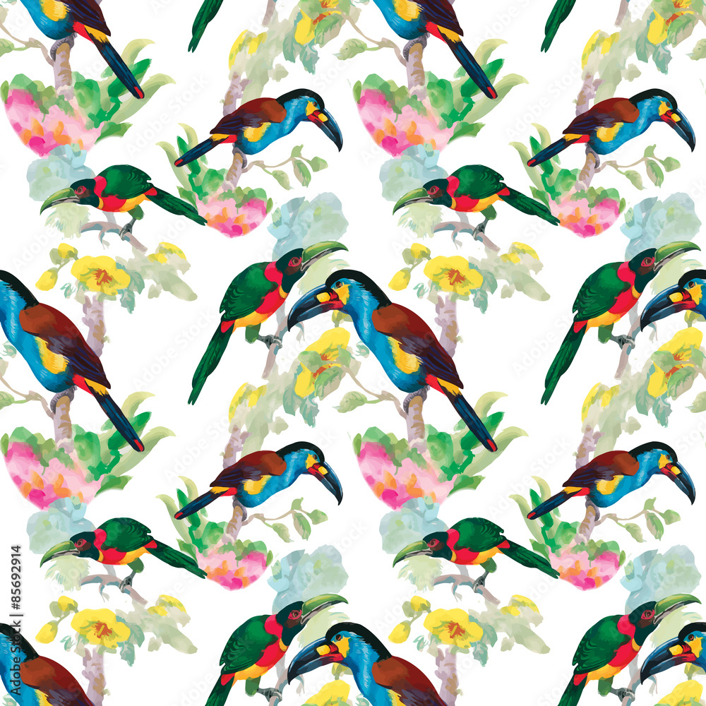 Fototapeta premium Watercolor hand drawn seamless pattern with tropical summer flowers and birds