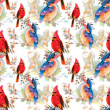 Watercolor hand drawn seamless pattern with tropical summer flowers and birds