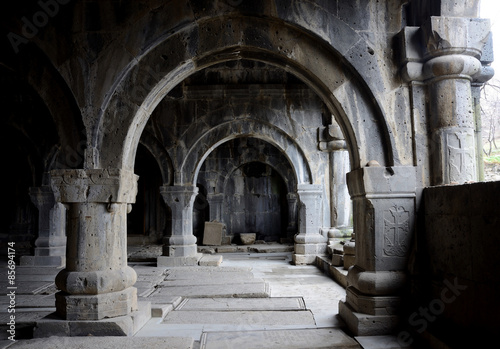 Colonnade inside medieval church of Sanahin Monastery  Armenia