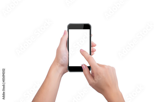 Girl presses the black phone screen finger of a hand