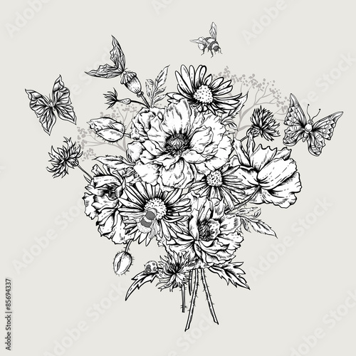 Wallpaper Mural Summer Monochrome Vintage Greeting Card with Blooming Poppies  Torontodigital.ca