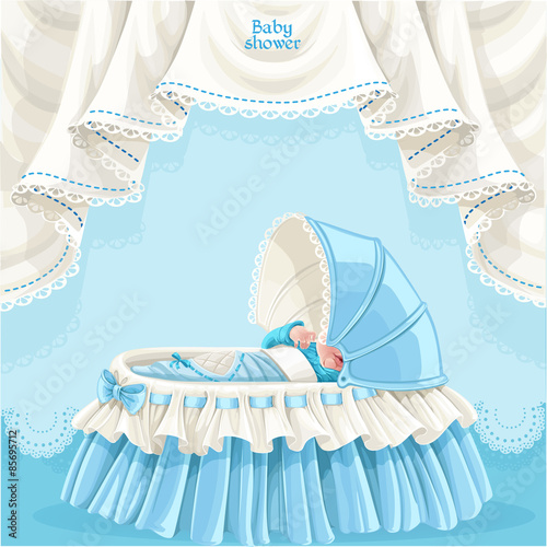 Blue baby shower card with cute little baby in the crib