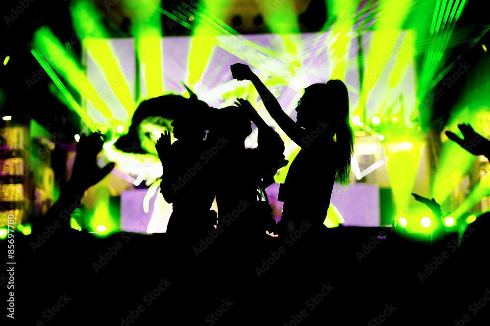 night party festival crowd hands up dance with girls silhouettes
