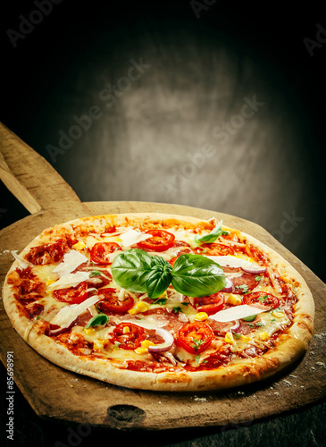 Fresh Baked Pizza Served on Wooden Pizza Paddle