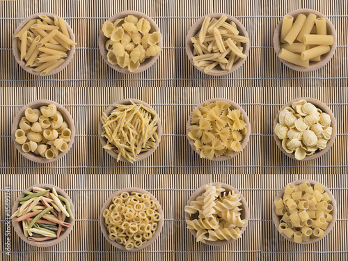 various types of raw pasta in a wooden bowl