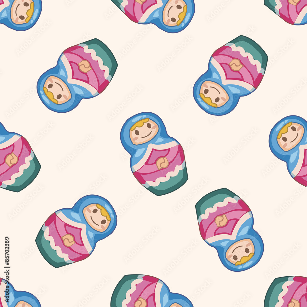 Fototapeta premium Matryoshka, Russian traditional wooden doll, cartoon seamless pattern background
