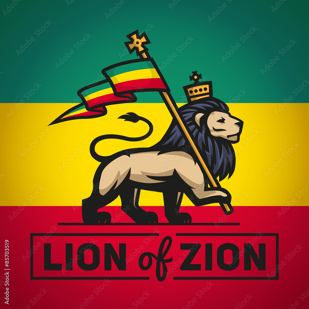 Judah lion with a rastafari flag. King of Zion logo illustration Stock