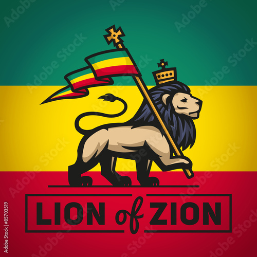 Judah lion with a rastafari flag. King of Zion logo illustration photo