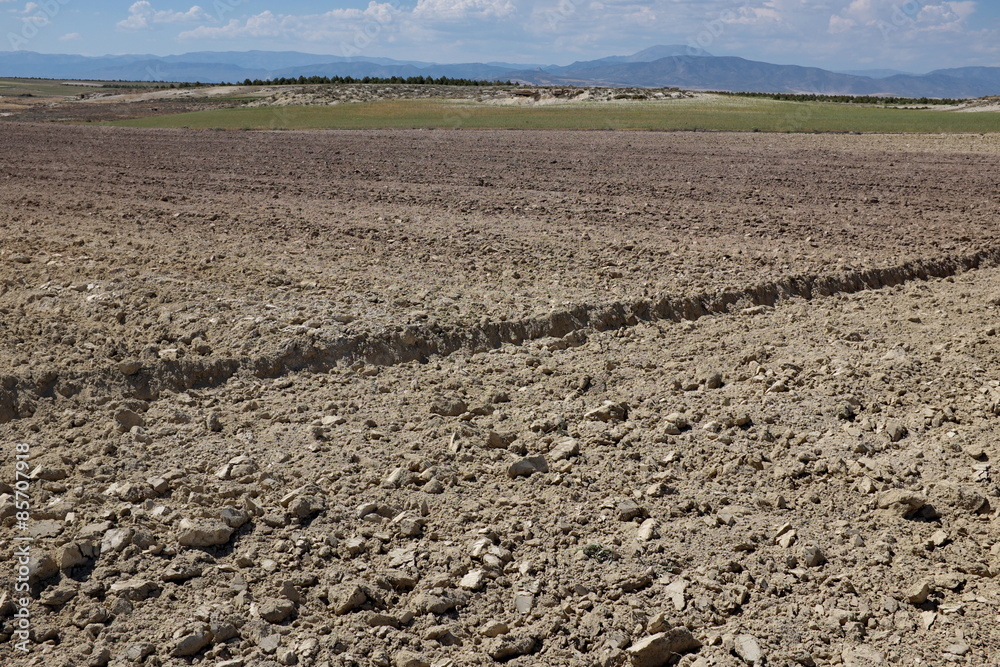 Champs de terre labourés.