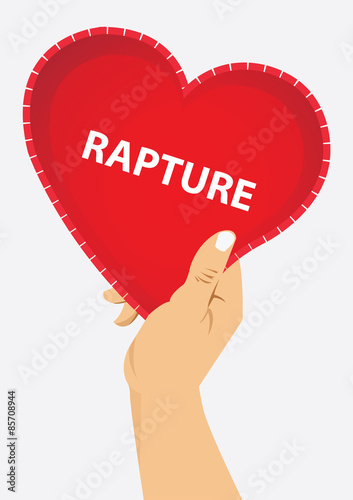 right hand holding red heart with rapture text, vector illustration
