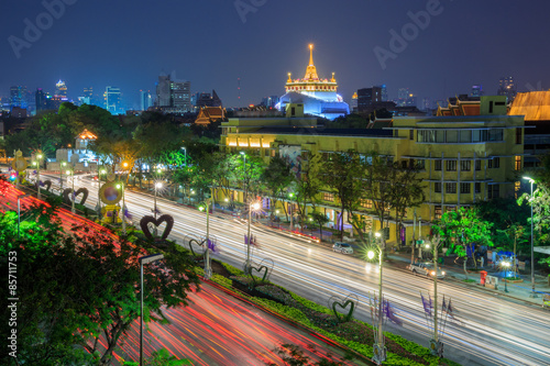 Wat Saket Ratcha Wora Maha Wihan and Ratchadamnoen Klang Road at night times. photo
