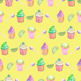 Seamless pattern with muffins, lime and candy painted in watercolor, on a yellow background