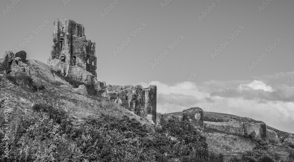 Corfe castle in black & white Corfe castle in black & white