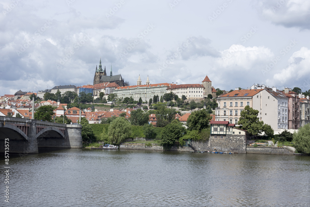 Spring Prague gothic Castle above River Vltava, Czech Republic