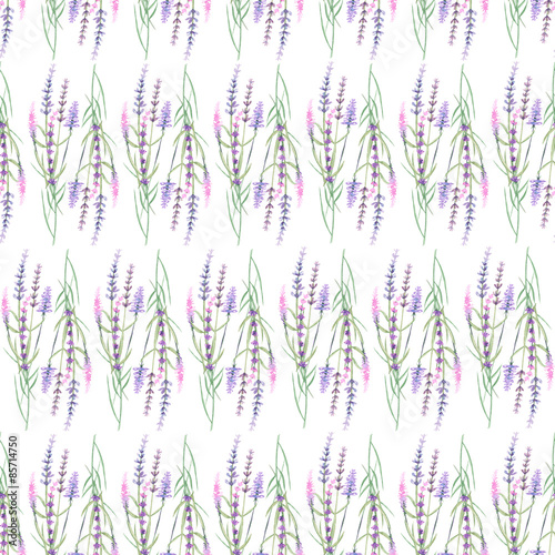 Floral seamless pattern with lavender painted with watercolors on a white background