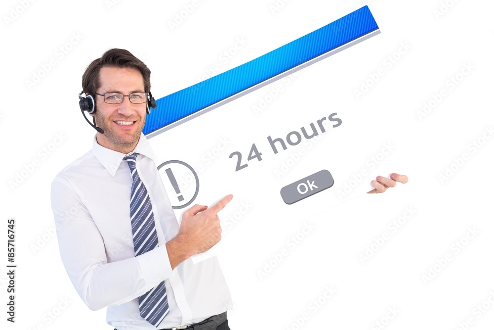Businessman with headphone showing card to camera Businessman with headphone showing card to camera
