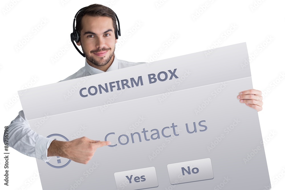 Businessman with headphone showing sign to camera Businessman with headphone showing sign to camera