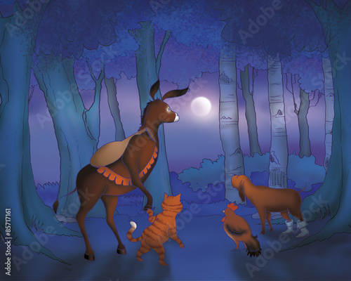 A donkey, a dog, a rooster and a cat are walking in a wood by night. Digital illustration of the Grimm's fairy tale: Bremen town musicians. photo