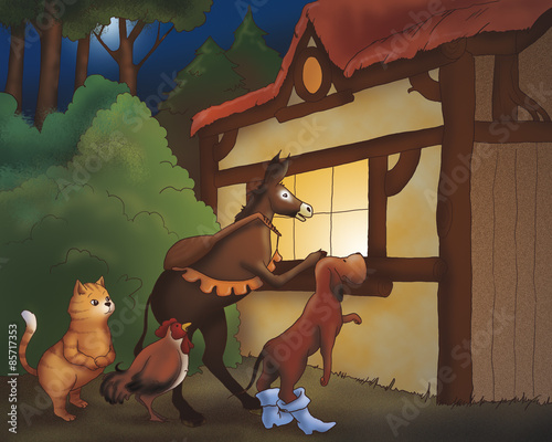 A donkey, a dog, a rooster and a cat are looking in a house. Digital illustration of the Grimm's fairy tale: bremen town musicians. photo