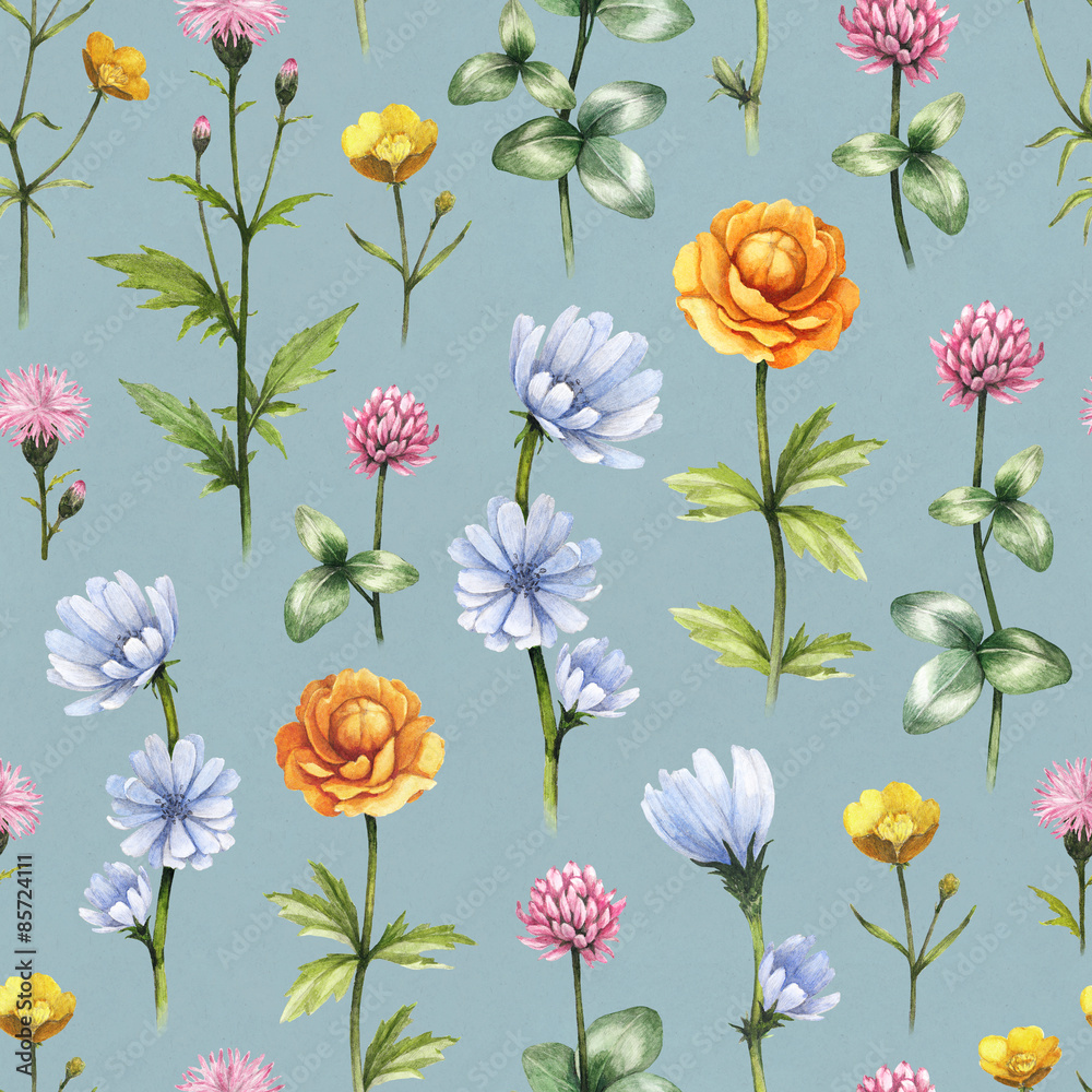 Wild flowers illustration. Watercolor seamless pattern Wild flowers illustration. Watercolor seamless pattern