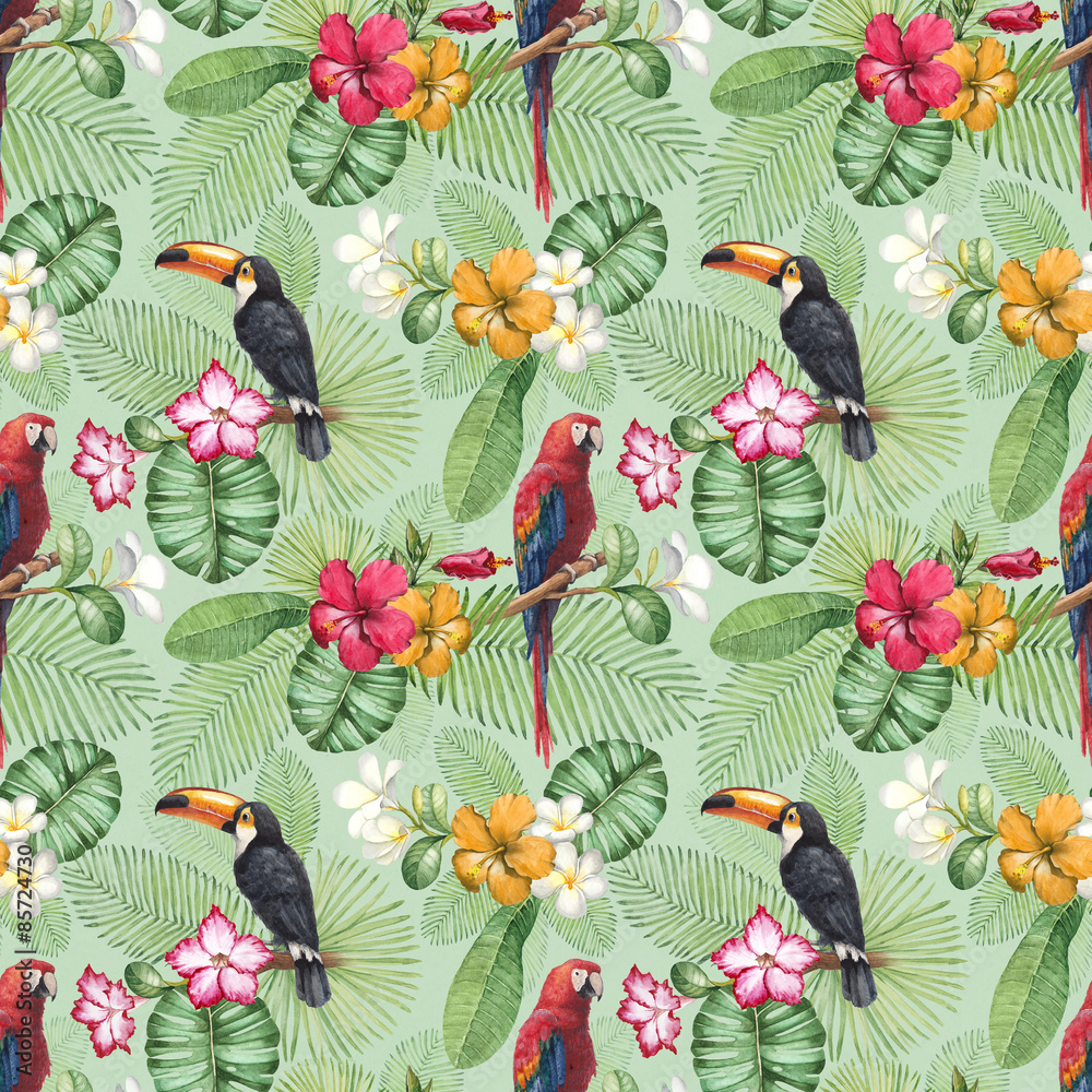 Fototapeta premium Watercolor toucan and parrot. Seamless pattern