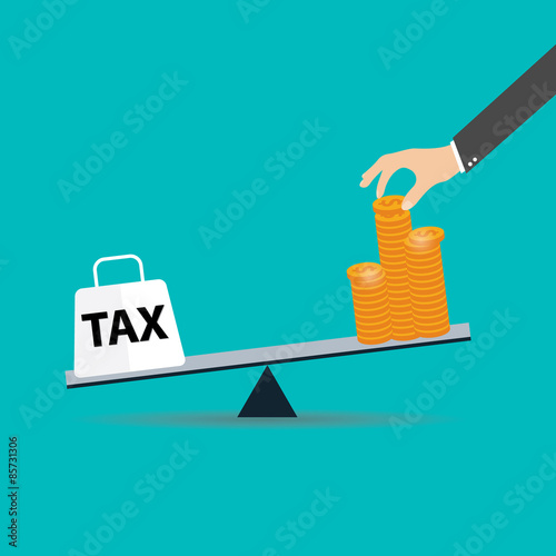 Businessman use coins balancing with TAX on scales. Vector