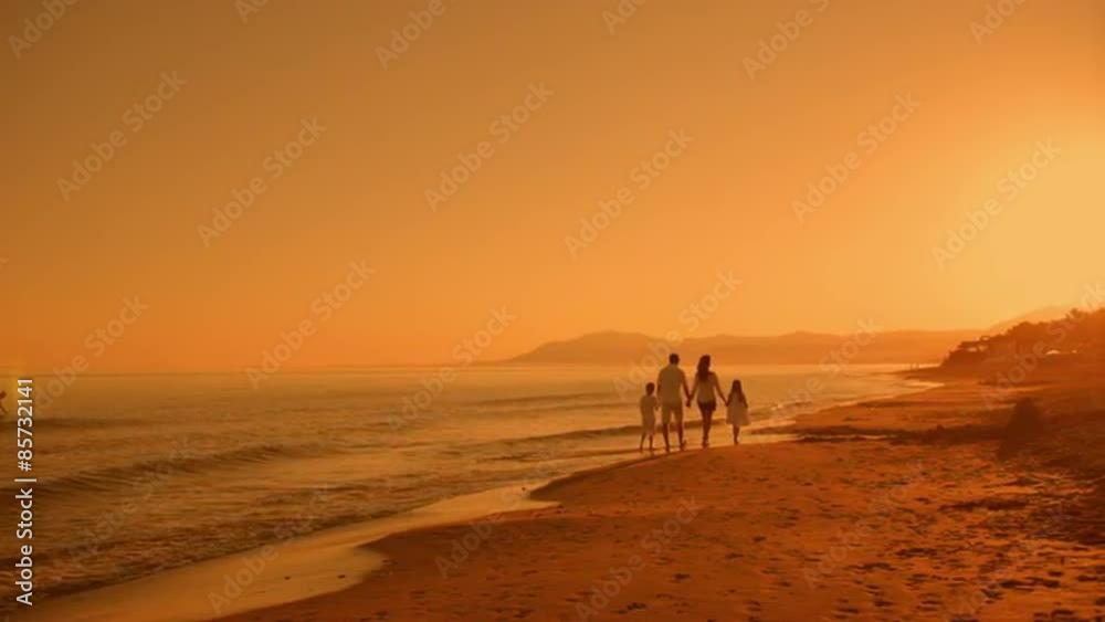 pan shot of family walking away from camera on beach in sunset pan shot of family walking away from camera on beach in sunset