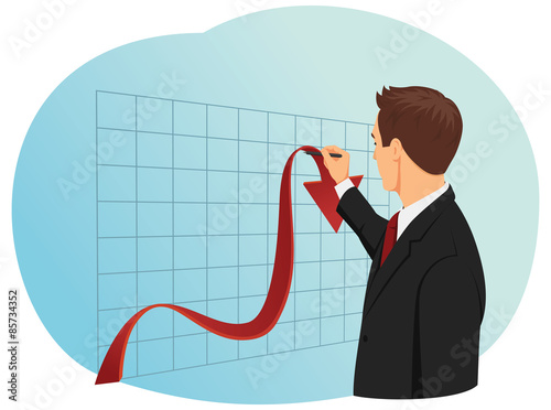 Businessman trying to lift up falling chart. Economic crisis