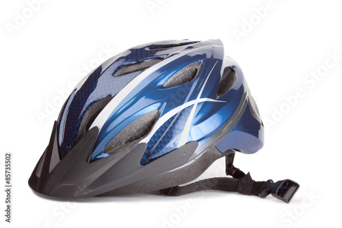 Bike Safety Helmet – A blue and white striped bicycling safety helmet. Isolated on a white background.
