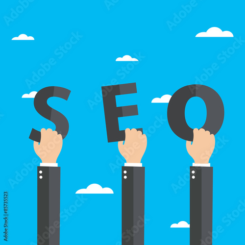 Hands holding word SEO, vector