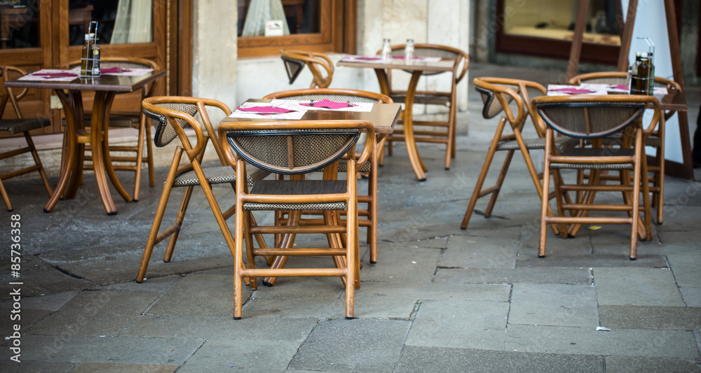 wooden chairs of a cafe